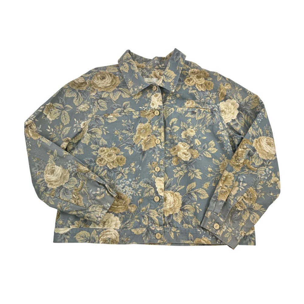 Coldwater Creek Jacket Blue Floral Cottagecore Button Up Cotton Women Petite L